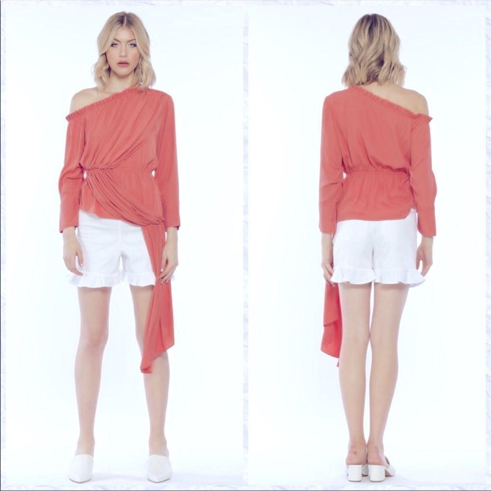 Walter Baker coral pink vermillion asymmetric off shoulder tie top size small